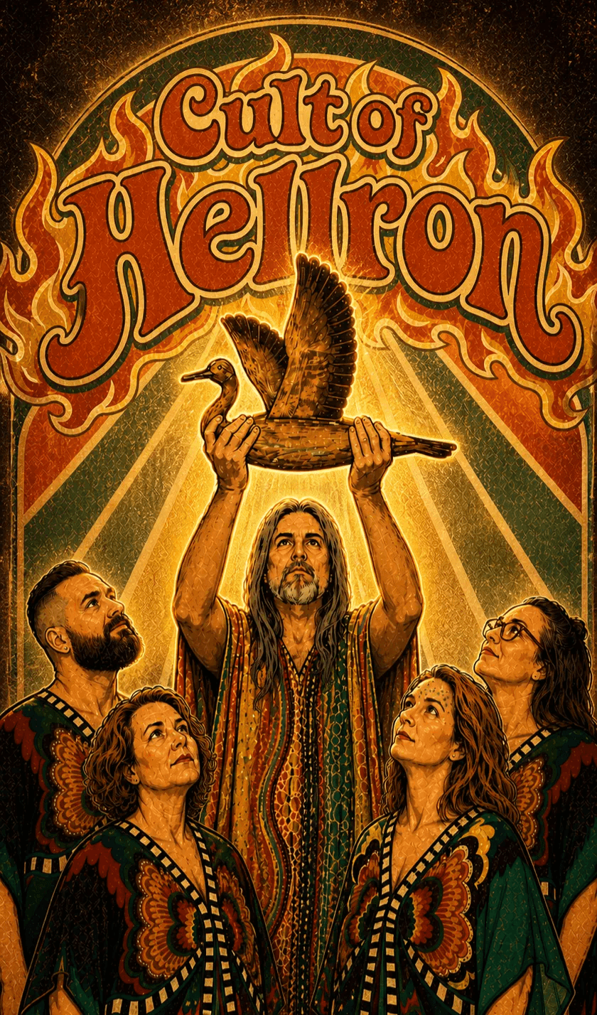 Illustrated poster titled Cult of Hellron in fiery orange lettering. A long-haired, bearded man in a colorful striped robe stands at the center, arms raised, holding aloft a carved wooden duck with outstretched wings. Golden rays radiate behind him from an arched, flame-rimmed halo. Four robed followers — two men and two women in patterned green and ochre garments — flank him, gazing up reverently at the duck. The whole scene is rendered in a warm, retro 1970s psychedelic poster style with deep oranges, reds, and greens.
